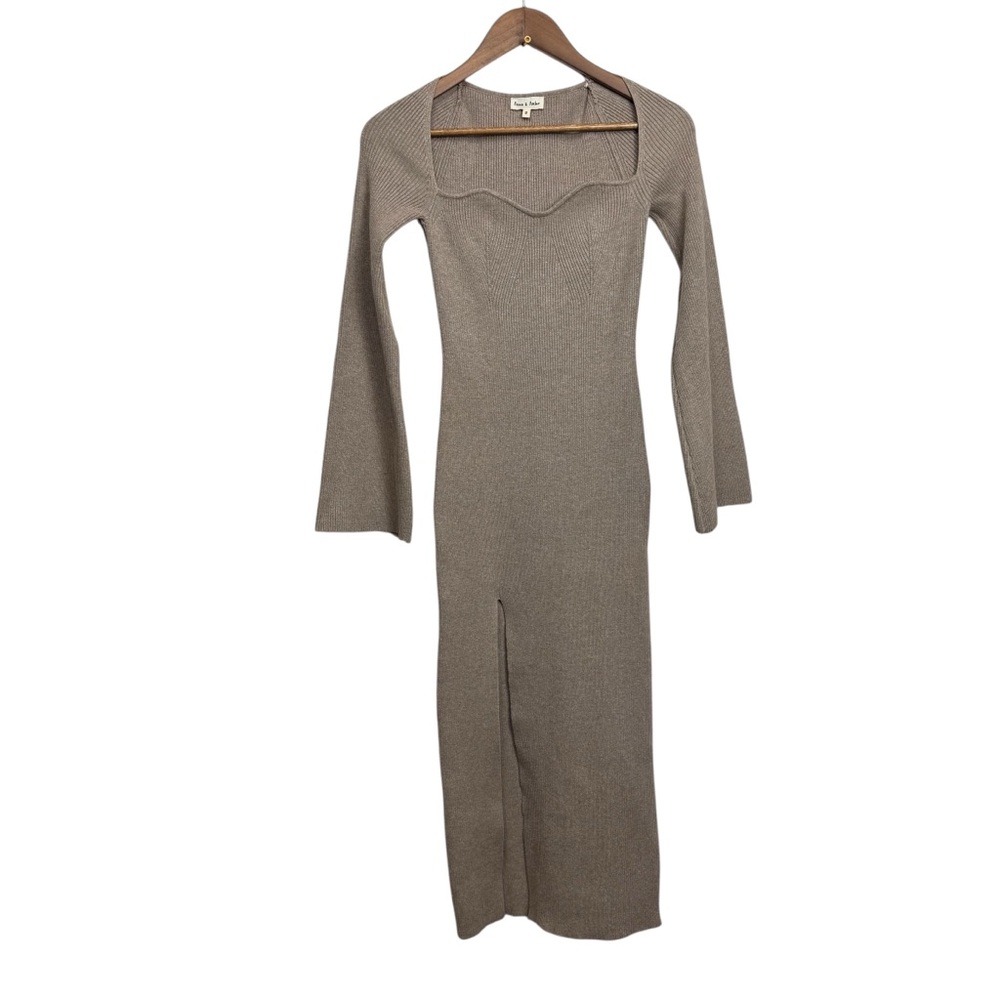 Aaron & Amber Ribbed Knit‎ Tan Long Sleeve Sweater Dress MIDI Dress Small